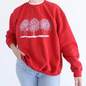 Vintage Country Store Red w White Winter Trees & Snow Crewneck Sweater XL
